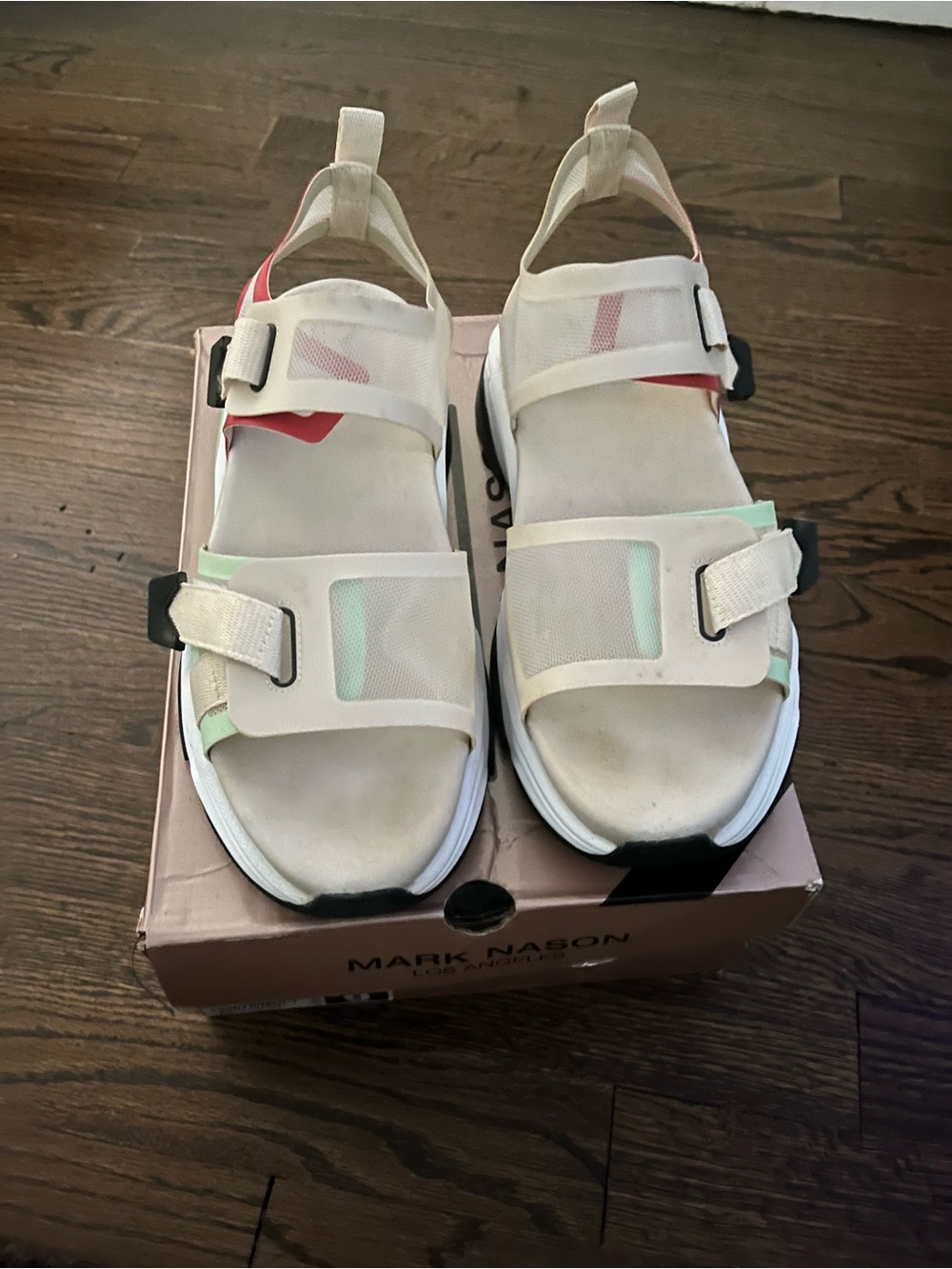 Mark Nason Beige White Sandals with Mint and Coral Accents